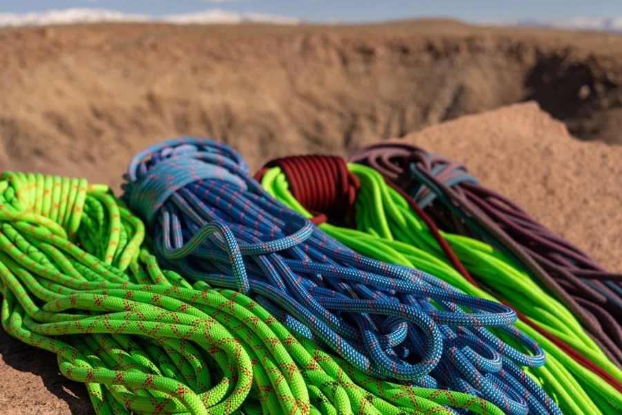 Multiple climbing ropes on a rock