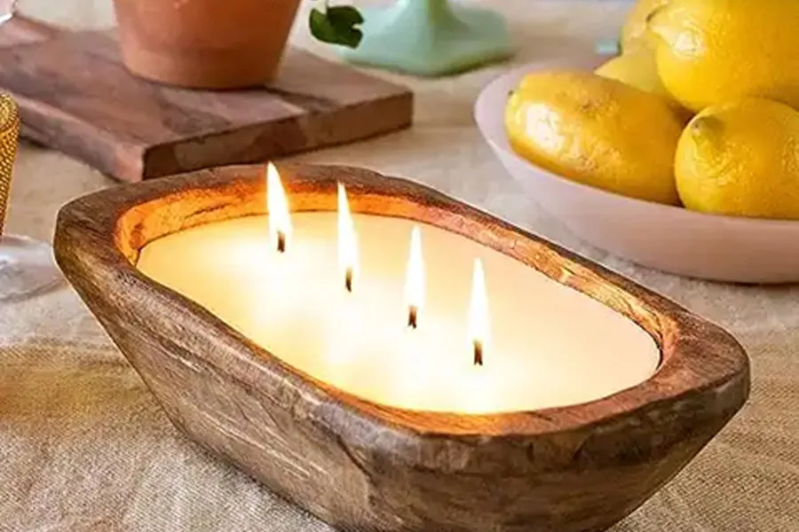 Oblong-shaped wooden candle holder or dough bowl