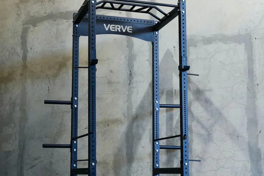 One blue empty power rack in a home gym