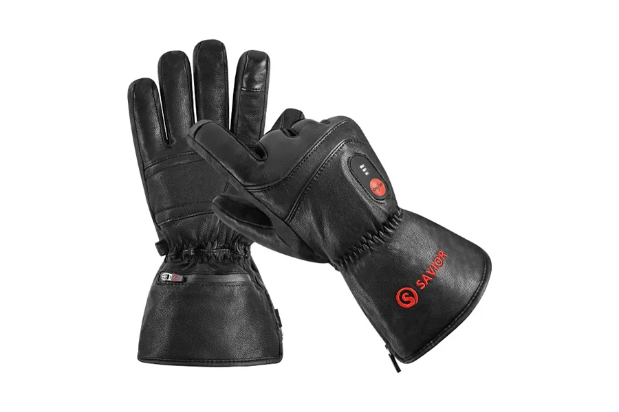 Pair of black and red infrared heated motorcycle gloves