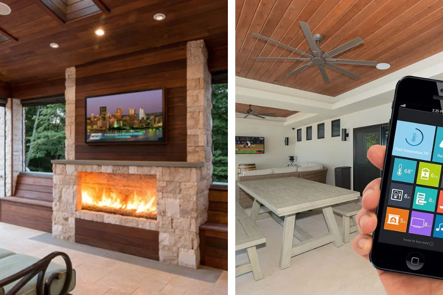 Patio living spaces with smart lighting, TV, and air conditioner 