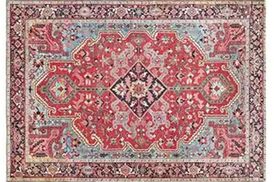 Persian rug with geometrical design on red background with blue patterns 
