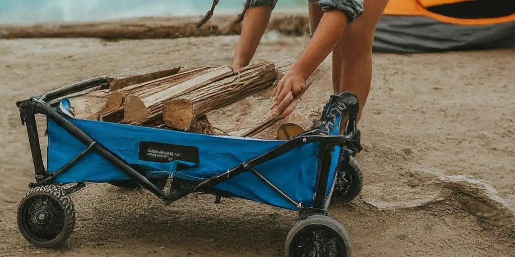 Person placing firewood in a blue folding wagon