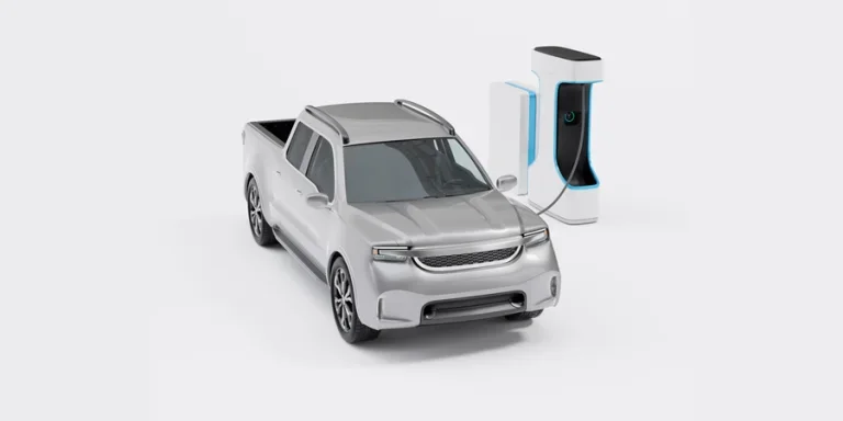 Pickup Truck connect to charing station on white background