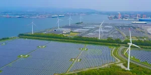 Renewable energy concept. Solar power plant and wind power plant aerial view