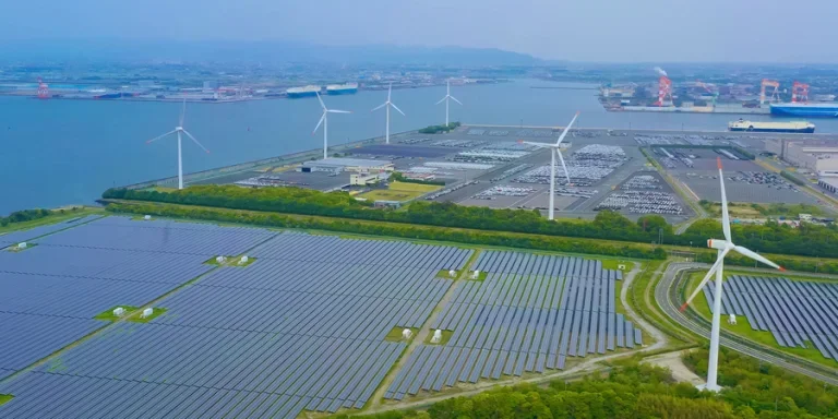 Renewable energy concept. Solar power plant and wind power plant aerial view