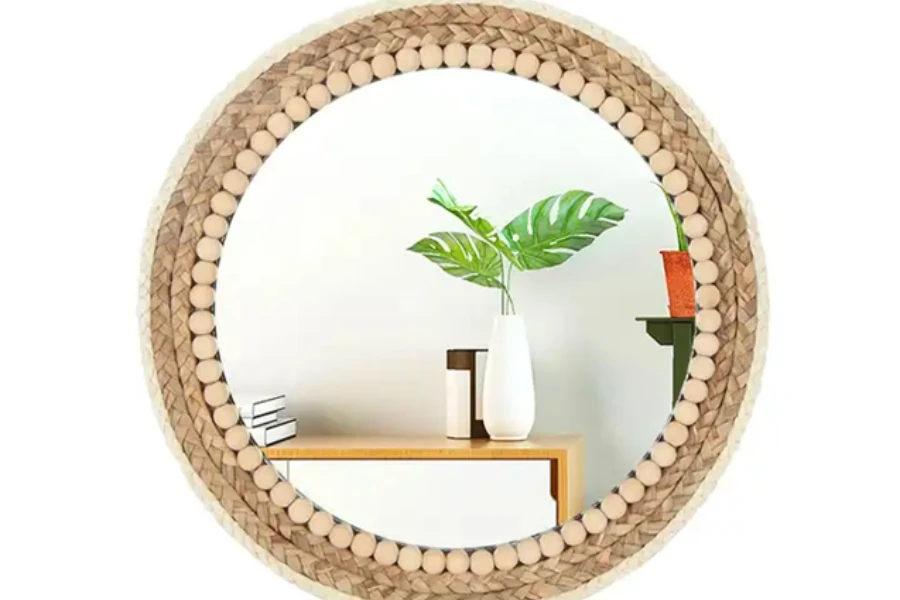 Round mirror with bead and rope frame