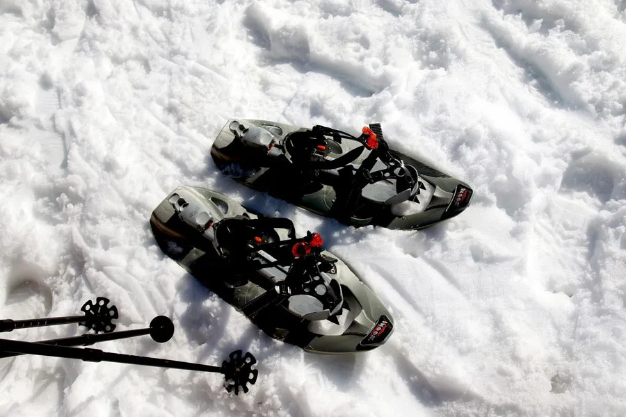 Бег на снегоступах рядом с черными шестами для снегоступов