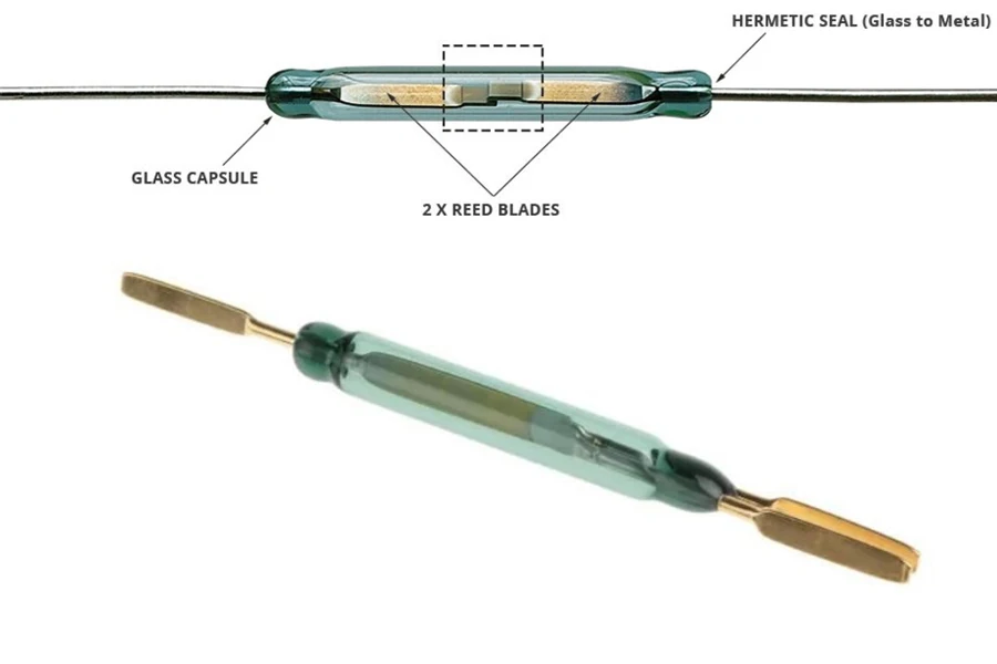 Diagrama esquemático e desenho físico do interruptor reed