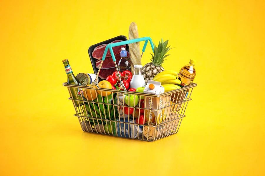 Shopping basket full of variety of foods