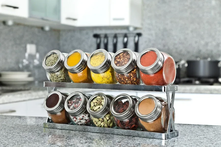 Spice rack organizer on a kitchen island