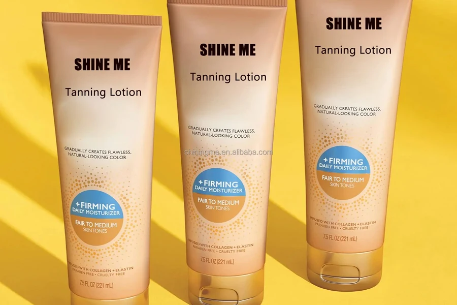 Three bottles of tanning lotion on a yellow background