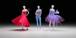 Tres maniquíes femeninos con trajes extravagantes, CGI