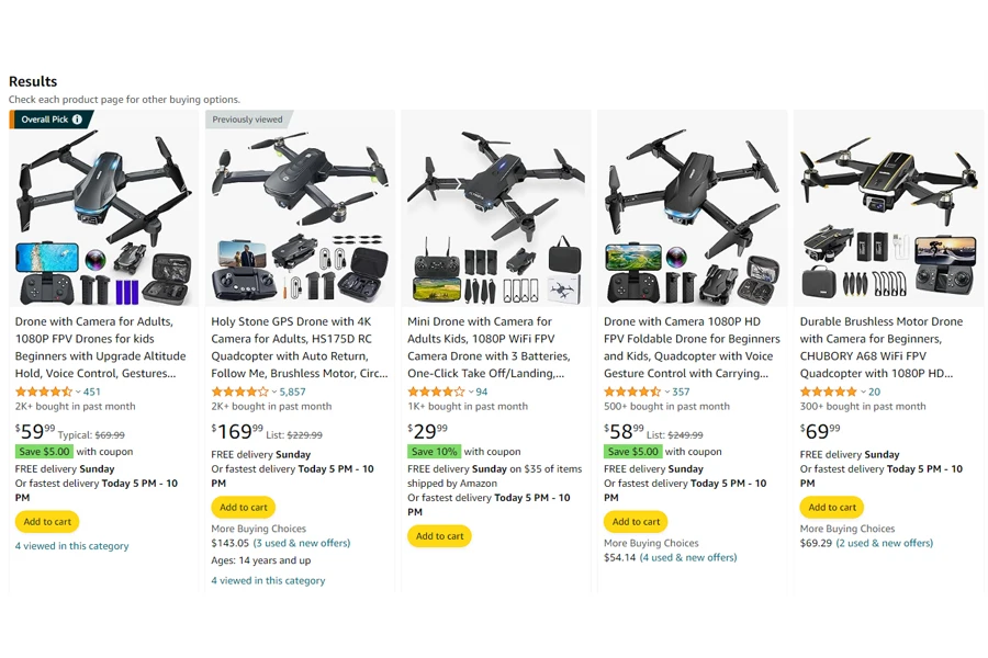 Principais produtos na categoria Drones (amazon.com)