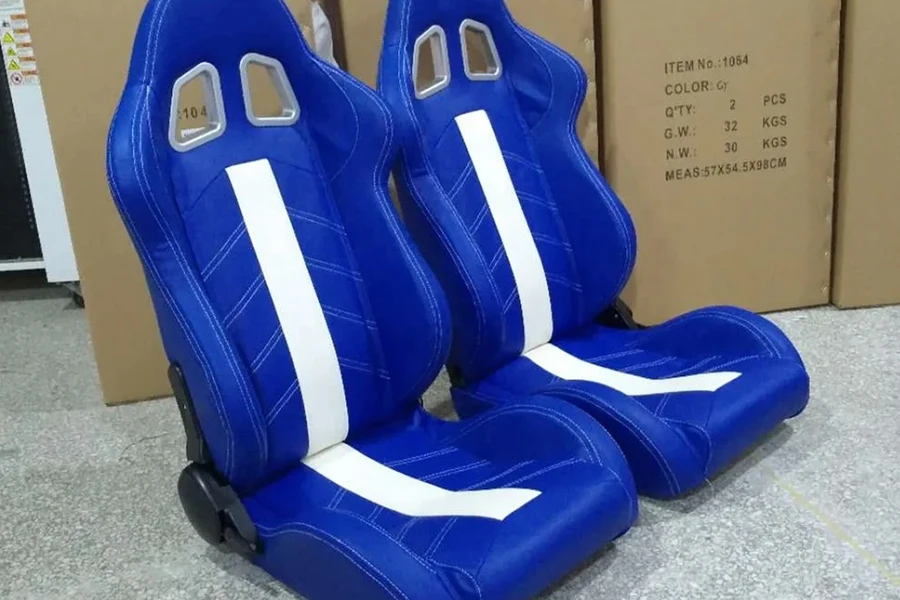 Two blue and white racing chairs