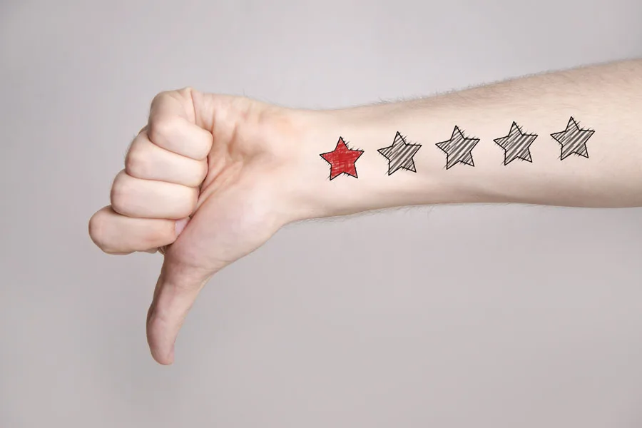 Unsatisfied customer with thumbs down and one-star rating