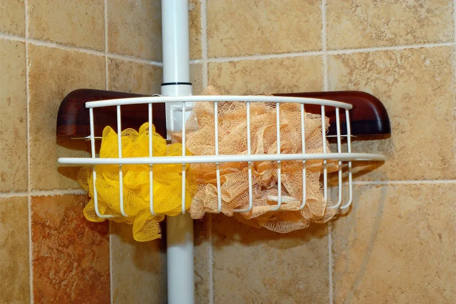 White shower caddy in a bathroom