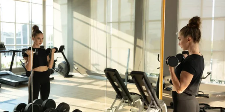 Woman doing bicep curls with dumbbells with gym mirror