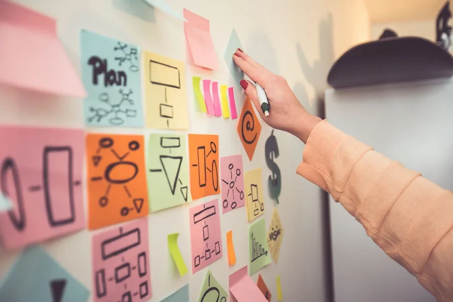 Woman using sticky notes to make a strategy