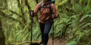 Frau mit kompletter Ausrüstung wandert im Wald
