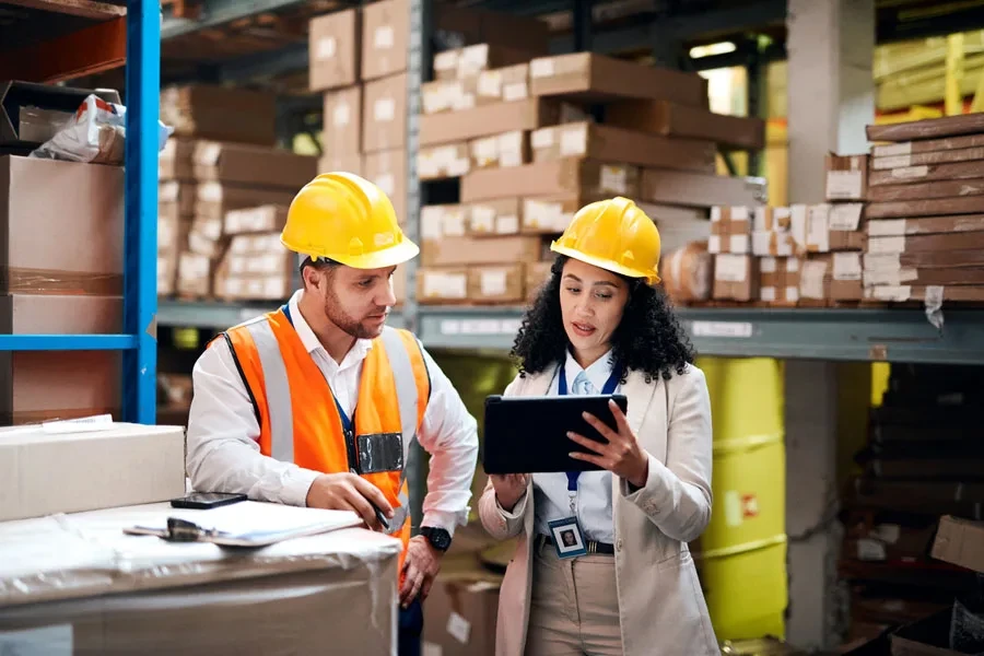 Workers using a tablet in a warehouse