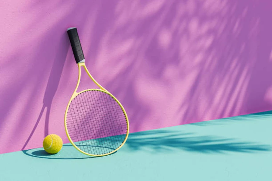 Yellow tennis racquet with ball leaning against purple wall
