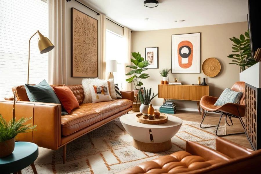 A beautifully decorated room with mid-century interior decor