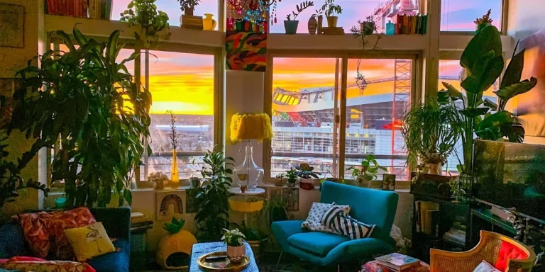 A cozy room with colorful maximalist decor