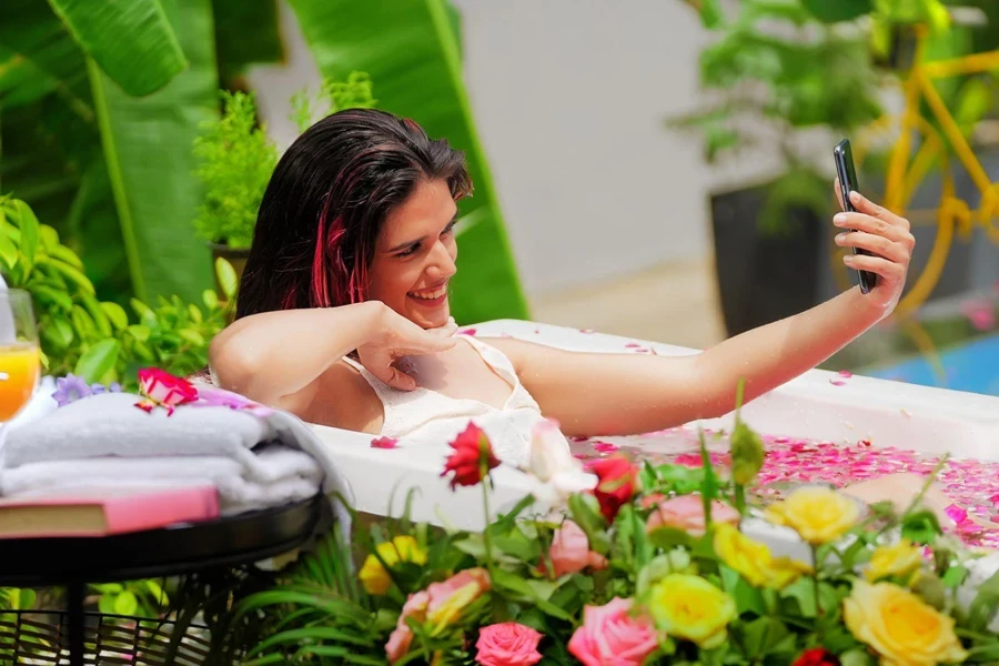 a lady takes a flower bath