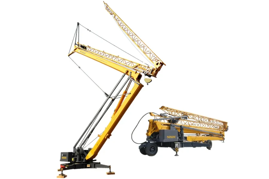 A self-erecting mobile crane shown folded and expanding