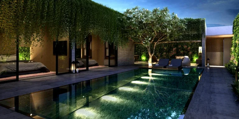 A tree and seating area in a patio