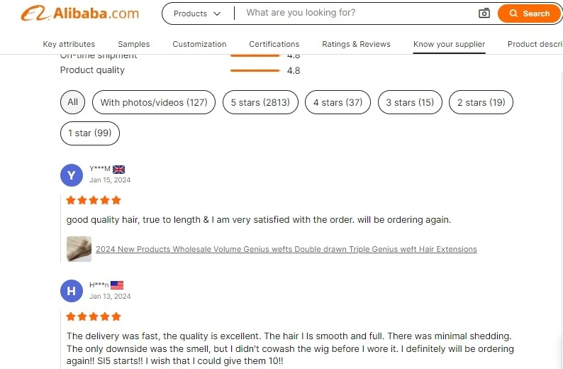 Página de avaliações e classificações de clientes de um fornecedor no Alibaba