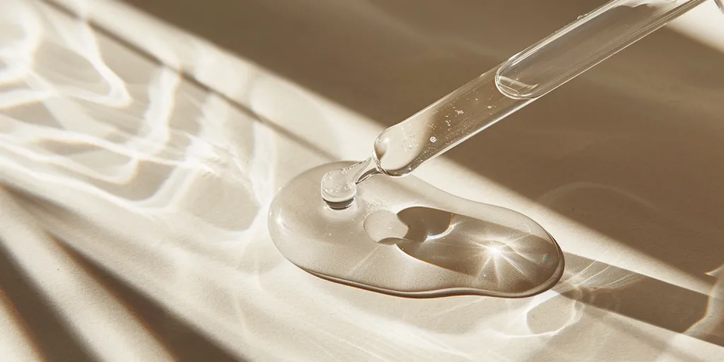 Un primer plano de una botella cuentagotas que vierte suero transparente sobre una superficie beige