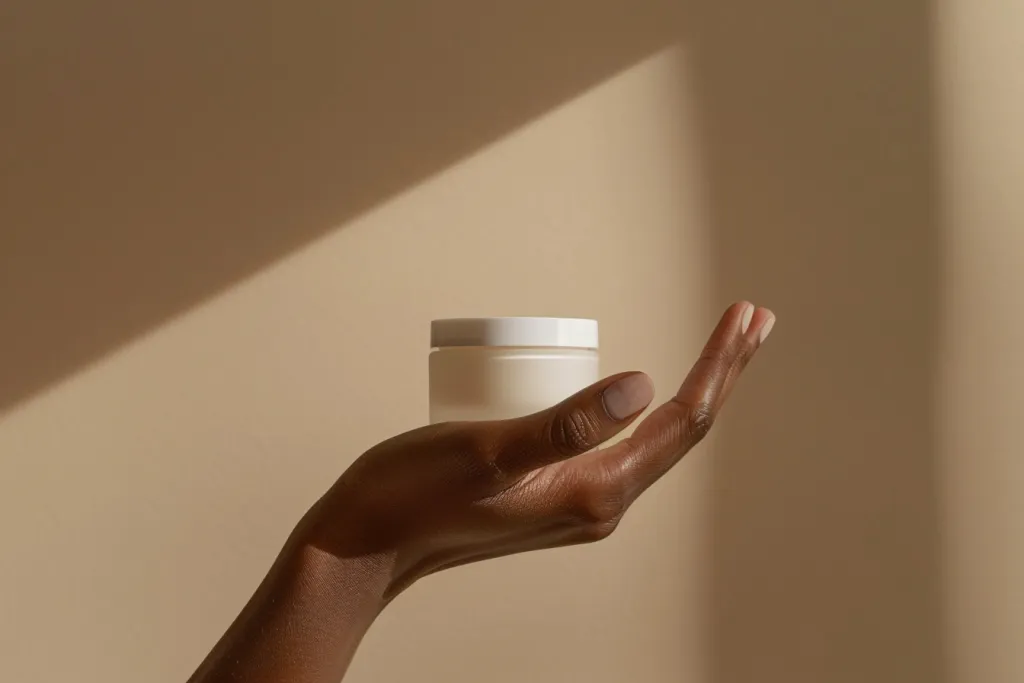 A closeup of the hand holding a cream-white jar against a light background