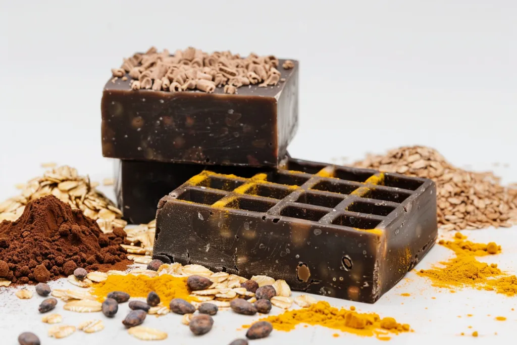 A large, dark brown block of handmade soap with small black waffles on top
