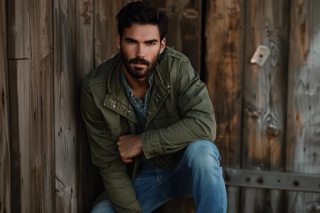 A male model wearing an olivecolored jacket and blue jeans