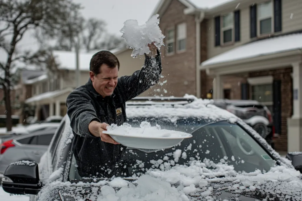 A man is pouring ice from a white bowl onto a car windshield