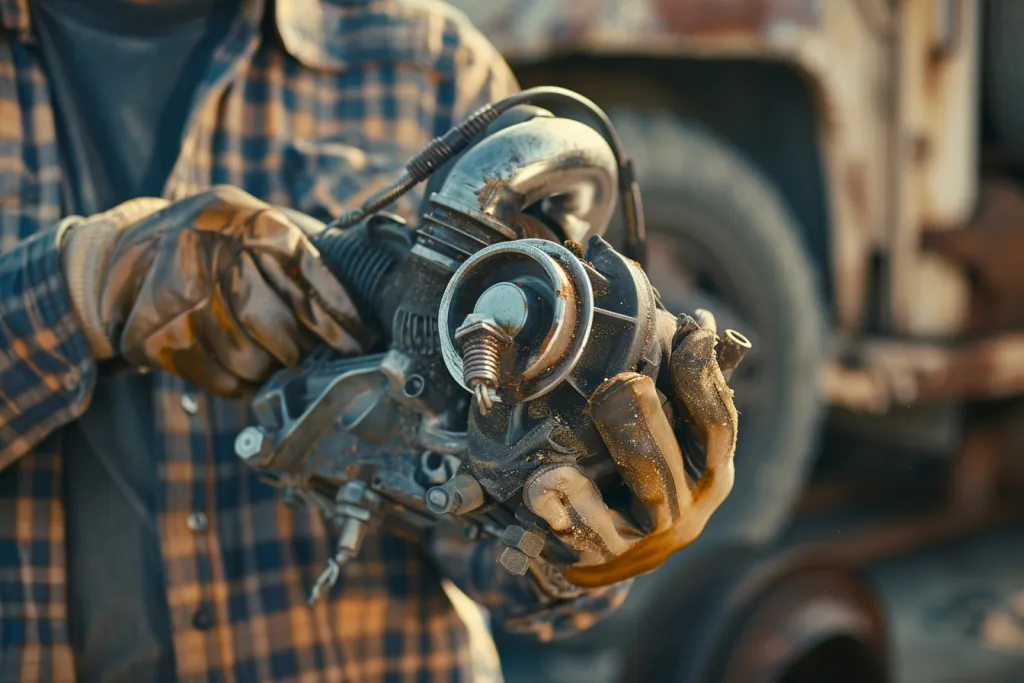 A mechanic holding up an old, dusty turbo