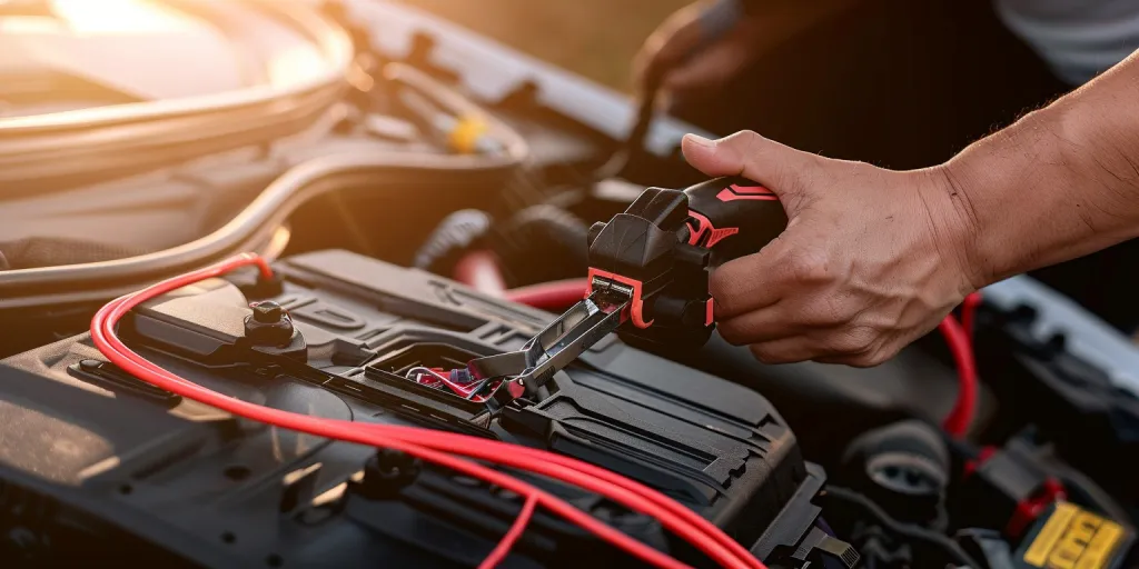 Um mecânico está usando uma multiferramenta aberta para verificar o equilíbrio da bateria de um carro