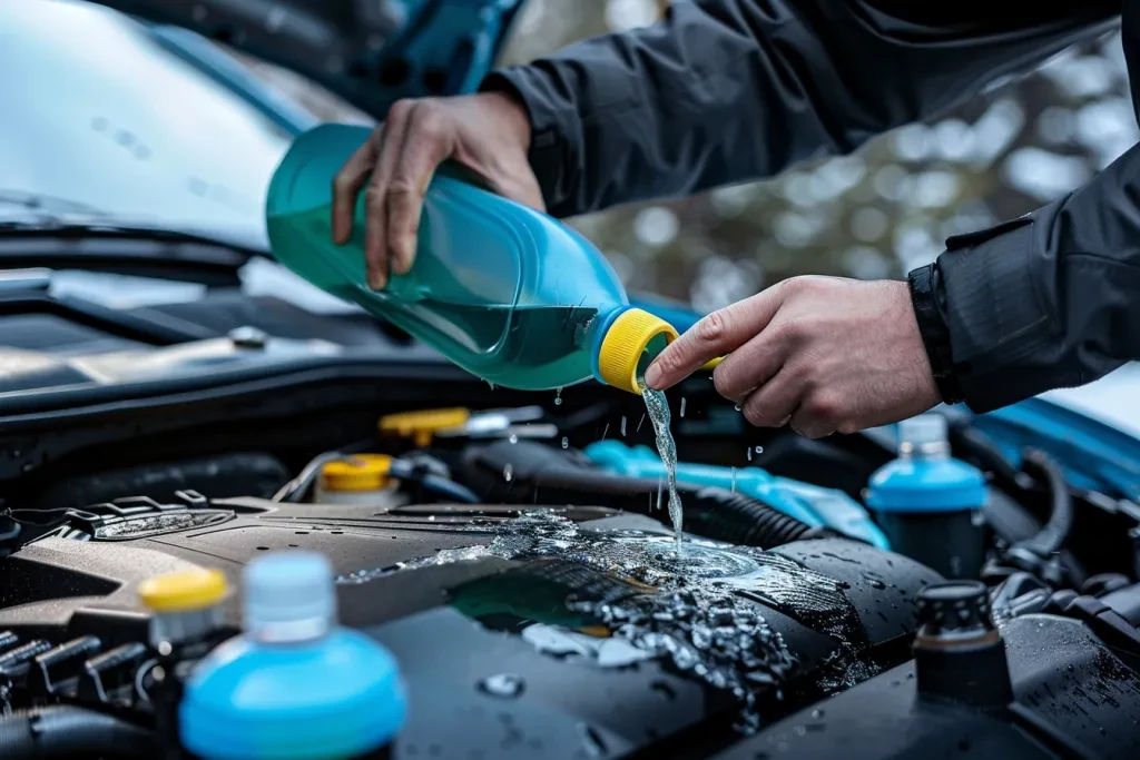 A person pouring windshield wiper fluid into the hood of an engine