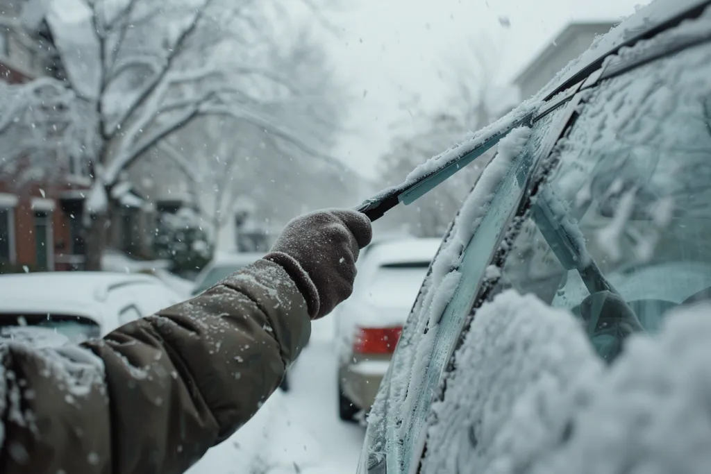 A person using an ice scraper to clear snow from their car window