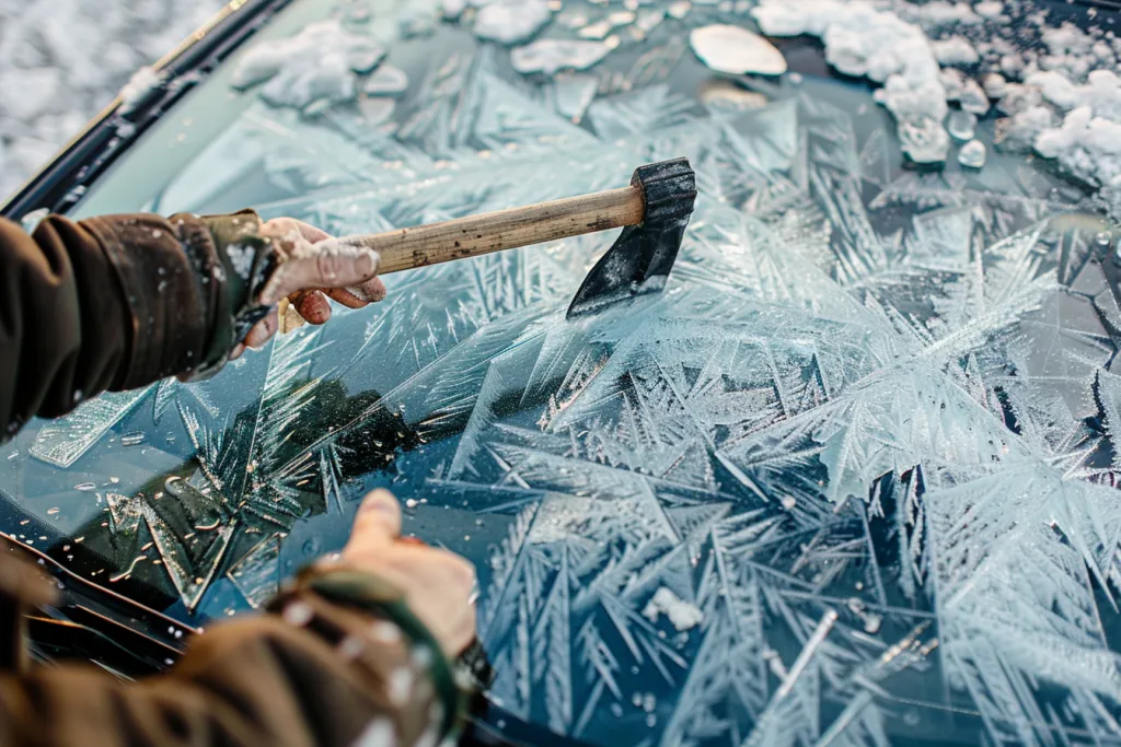 A person using an ice spike to clear the windshield of their car