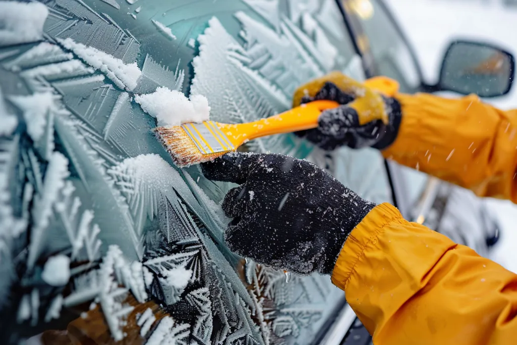 A person wearing gloves is using an ice palette to clear the snow from their car window