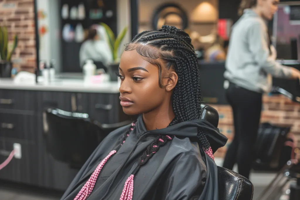 A photo of an African American woman sitting in a salon chair