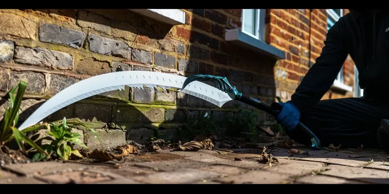 A photo of an ultra long white combat scythe with black blade and green handle