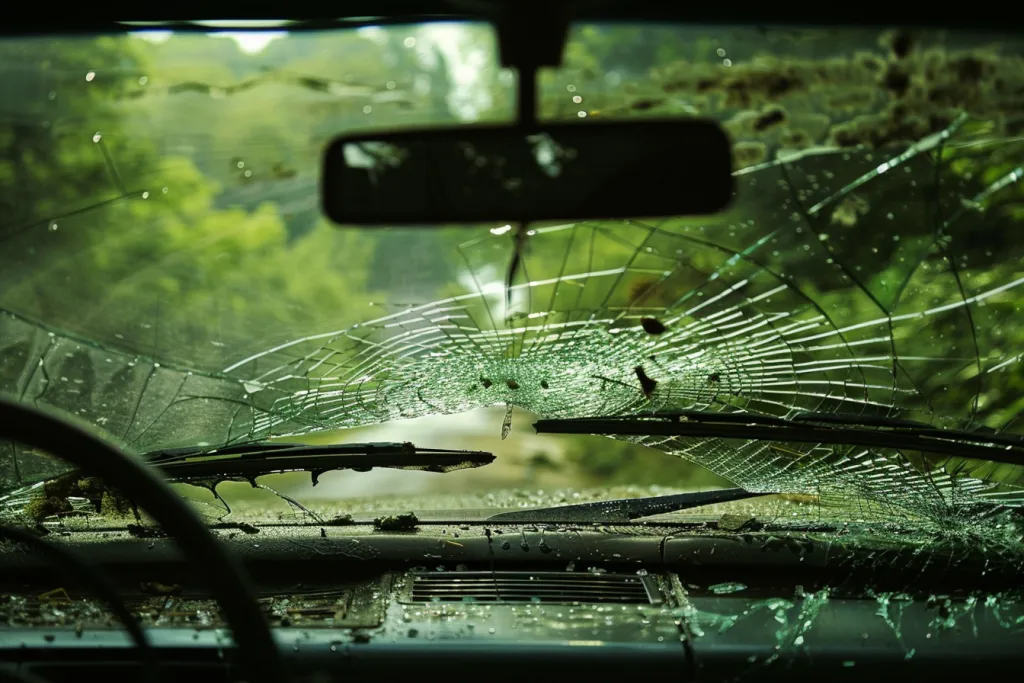 A photo shows the front windshield of a car being impacted