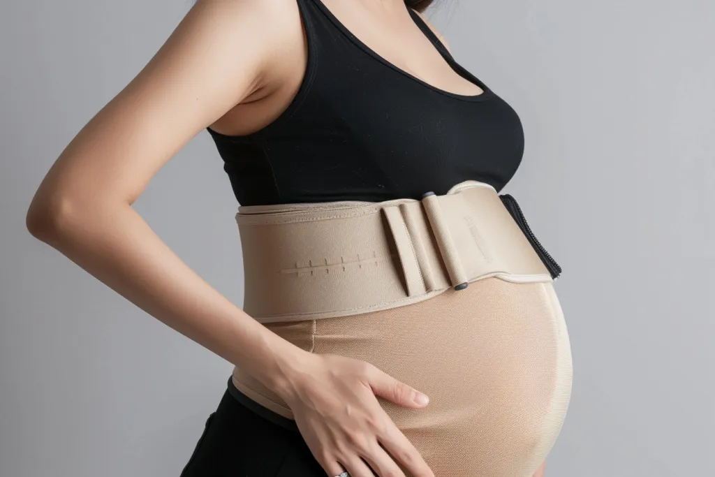 A round pregnant woman wearing a tummy tucker