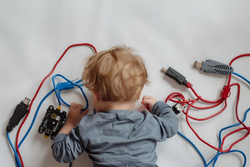 A toddler plays with a car battery, blue and red charging cables