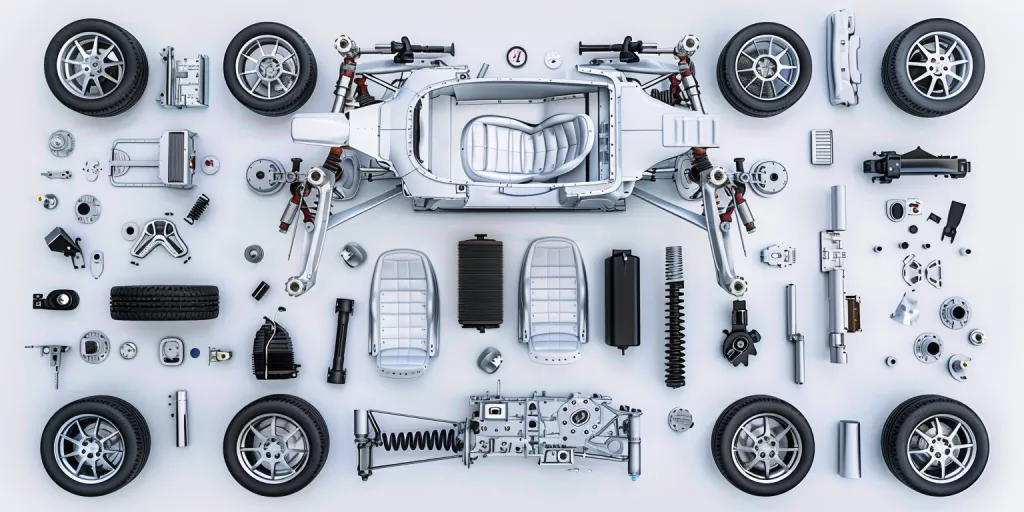 Un fondo blanco con varias piezas de automóviles.