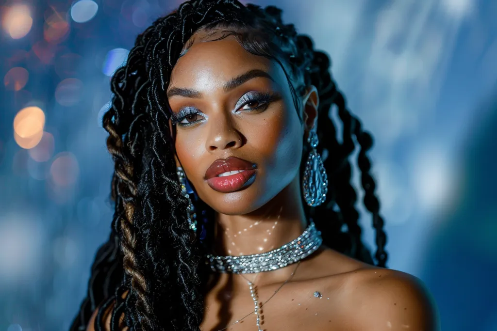 African American woman with long, curly hair in box braids